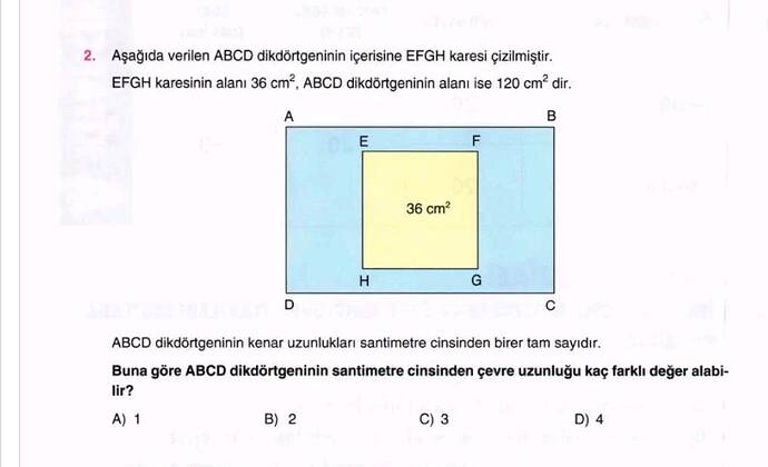 Aşağıda verilen ABCD dikdörtgeninin içerisine EFGH karesi çizilmiştir.