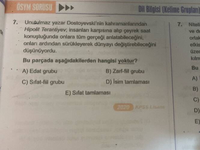 ISYM SORUSU DU Bilgisi (Kelime Gruplan) Unutulmaz yazar Dostoyevski'nin...