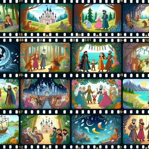Filmstrip containing 10 scenes from a fairy tale about "Mercan Kız" showing major events in the story. Illustrations are colorful, designed in a whimsical style suitable for a children's book. Each scene captures an important moment in the tale in sequential order, with charming and enchanting surroundings like magical forests, castles, and underwater realms. Includes diverse characters encountering fantastical creatures, vibrant landscapes, and magical elements with detailed structures. The characters include people of Caucasian, Black, and Hispanic descent. Make the filmstrip delightful and imaginative.