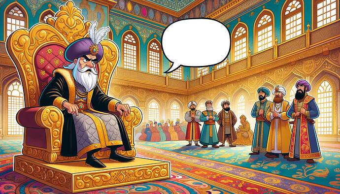 A colorful and whimsical Disney-style cartoon illustration of a worried sultan in traditional Ottoman royal attire, sitting on an ornate golden throne in an opulent grand palace room with intricate patterns and lavish decorations. The sultan appears distressed, with expressive facial features showing concern. He is surrounded by courtiers and emissaries of different descents, wearing traditional attire, as they deliver urgent news. The room is grand, with colorful rugs, elegant chandeliers, and tall arched windows letting in natural light. In a storyboard style, include a blank white speech bubble above the sultan for custom text.