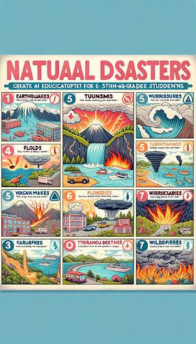 Create an educational poster for 5th-grade students featuring a range of natural disasters, including earthquakes, floods, tsunamis, volcanic eruptions, tornadoes, hurricanes, and wildfires. Each disaster should be depicted with a relevant illustration showing its causes (for example, use fault lines for earthquakes or illustrate overflowing rivers for floods). Alongside each disaster, add safety instructions such as 'Take cover during an earthquake!' and 'Climb to high grounds to protect from floods!'. The poster should have a colorful, yet pastel-toned, background to maintain visual appeal and use bold headers to organize the layout, categorizing the types, causes, and safety measures for each disaster.