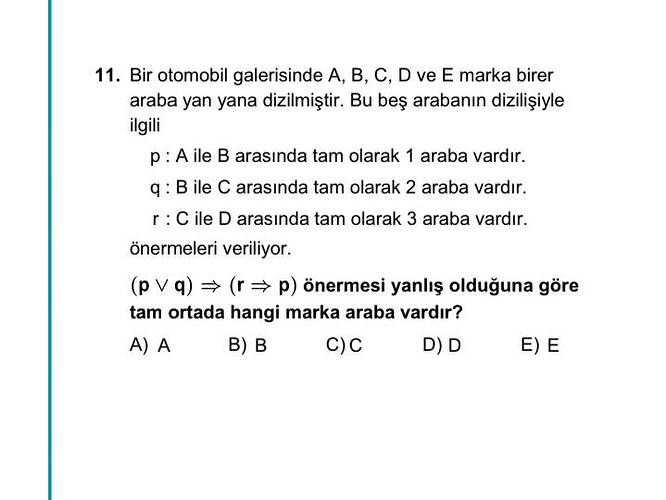 Bir otomobil galerisinde A, B, C, D ve E marka birer araba yan yana dizilmiştir.