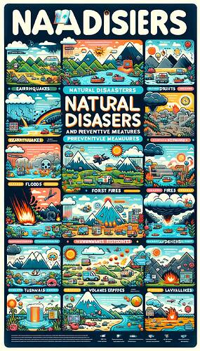 Create an informative yet entertaining poster aimed at 5th-grade students, showcasing numerous natural disasters including earthquakes, floods, tornadoes, forest fires, tsunamis, droughts, hurricanes, volcanic eruptions, avalanches, and landslides. Each disaster should be vividly illustrated with bright and simple images that explain each one. Accompany the images with concise, child-friendly text describing the causes and preventive measures of these disasters. Arrange the information in well-defined sections, each dedicated to a specific disaster type. Use a mix of pastel or white background and vibrant color scheme to keep the content accessible and engaging for young learners. Boldly add the title in English 'Natural Disasters and Preventive Measures' at the top of the poster.