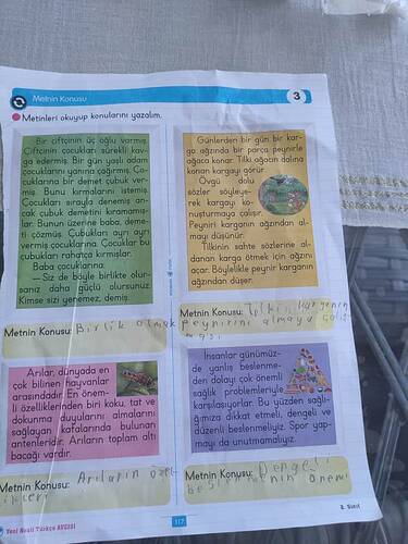 Bir sayfanın fotoğrafı, "Metin Konusu" başlığı altında çeşitli kısa metinler ve resimlerle birlikte öğrencilerden metin konularını yazmaları istenmiş, sayfanın alt bölümünde ise her bir metin için elle yazılmış konular yer alıyor. (AI tarafından altyazılı)