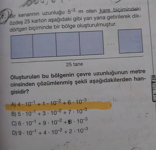 kenarinın uzunluğu 5 mn olan kare biçimindeki özdeş 25 karton aşağıdaki gibi yan yana...