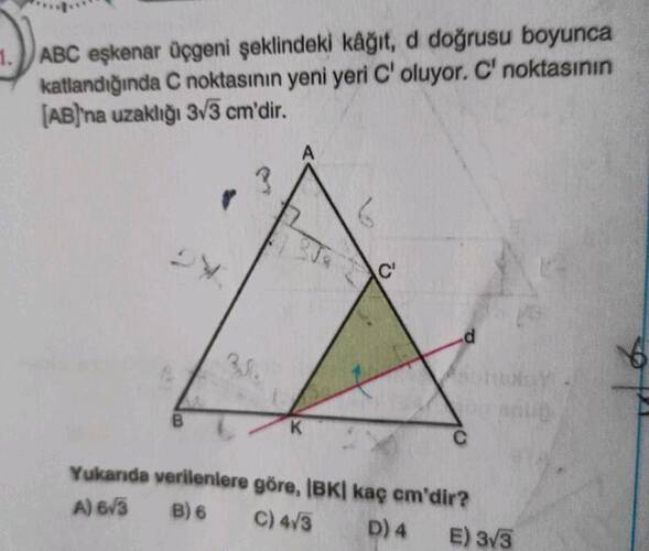 ABC eşkenar üçgeni şeklindeki kağıt, d doğrusu boyunca katlandiğında C noktasının yeni...