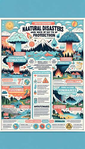 Design an educational poster in Turkish. The poster will be entirely about natural disasters and prepared for 5th grade students. Disasters should include earthquakes, floods, tsunamis, volcanic eruptions, hurricanes, forest fires, landslides, tornadoes, drought, and avalanches. For each disaster, there should be Turkish informative notes and texts containing protection methods. The colors used should be in pastel tones, and the layout should be designed to be clear and easy to understand. The title 'Natural Disasters and Ways of Protection' should be added to the top of the poster and supported with visuals. The design of the poster should be suitable for children but educational.