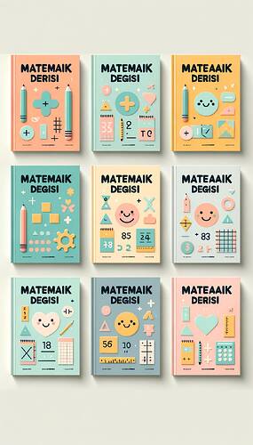 Create a series of eight minimalist and visually appealing covers for a children's math magazine titled 'Matematik Dergisi', each cover designed for the attention of 5th-grade students. Each cover should feature a unique pastel-colored background, select from these colors: light orange, soft teal, pale yellow, light pink, lavender, mint green, sky blue, and peach. On each cover, depict simple math-related symbols such as plus signs, minus signs, multiplication signs, division signs, and geometric shapes like a triangle, square, and circle. To add to the cheerfulness, include elements like a smiling cartoon pencil, a ruler, or a small heart on different covers. Ensure the title 'Matematik Dergisi' is placed prominently, rendered in bold and playful fonts that appeal to young learners. Keep the layout clean, organized, uncluttered ensuring it is easily readable for students.