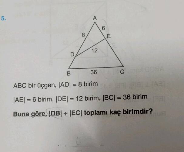 B D 8 12 36 ABC bir üçgen, AD = 8 birim E CEA , , (BC = 36 birimaaL Buna göre, DB + EC...