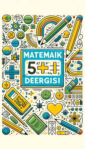 Create an endearing, simple, and vibrant cover for a children's arithmetic magazine titled 'Matematik Dergisi'. Incorporate child-friendly imagery such as basic geometric forms, plus and minus symbols, and a joyous background pattern. Ensure the title 'Matematik Dergisi' is conspicuous and designed in an engaging yet uncomplicated doodle style. Sprinkle minimalist elements throughout the cover, such as a single heart shape and rudimentary icons like a sketch of a pencil, a ruler, and a textbook. Utilize bright colors such as yellow, blue, and green to produce a striking yet tidy design, tailored for a 5th-grade readership. The arrangement must be orderly and visually stimulating.