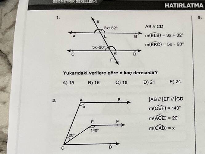 AB // CD m(widehat ELB ) = 3x + 32irc m(widehat EKC ) = 5x - 20irc Yukarıdaki verilere...