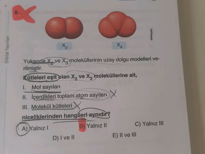 Yukarıda X₂ ve X₃ moleküllerinin uzay dolgu modelleri verilmiştir.