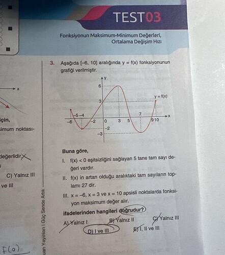 Aşağıda -6, 10 aralığında y = f(x) fonksiyonunun grafiği verilmiştir.