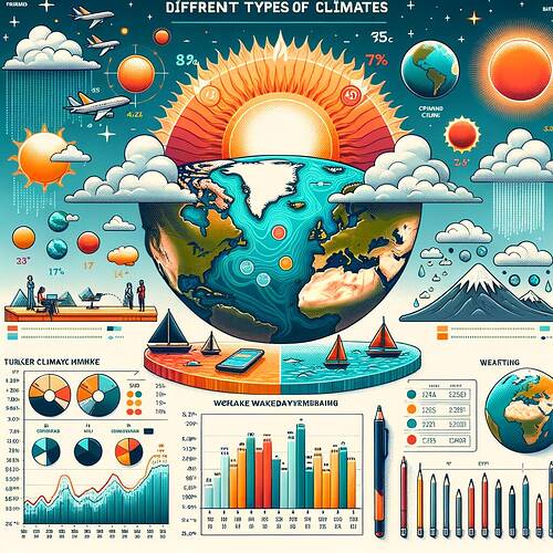 Farklı iklim türlerini, istatistiksel grafikler, dünya haritası ve doğa unsurları üzerinden görselleştiren detaylı bir infografik. (AI tarafından altyazılı)