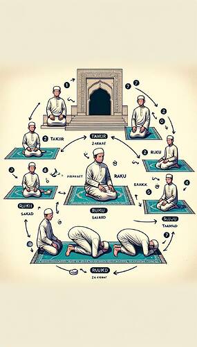 An illustrative guide showing the step-by-step process of performing Salah, a Muslim prayer ritual. The guide should depict the key steps and positions involved in the prayer such as Takbir, Qiyam, Ruku, Sujood, and Tashahhud. Each position should be clearly shown with labels indicating the various parts of the prayer. Please keep an emphasis on simplicity, clarity, and respectfulness in the visual representation.
