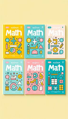Design five distinct but consistent covers for a children's math magazine titled 'Matematik Dergisi'. Each cover should have a different pastel color background, specifically yellow, blue, green, pink, and white. Incorporate minimalist math symbols such as the addition sign (+), subtraction sign (-), equals sign (=), a triangle, and a square, each symbol appearing on a separate cover. The title 'Matematik Dergisi' should be centered and written in bold, children-friendly fonts. Add small, charming elements to each cover like a cartoon pencil or a ruler to add variation. Ensure that the layout for all covers is simple, uncluttered, and visually appealing for 5th-grade students.