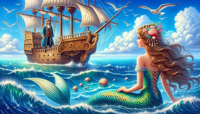 A whimsical fairy tale scene of a mermaid watching a prince on a sailing ship in the middle of a blue sea. The mermaid has shimmering scales of iridescent green, her long hair flowing in the waves, adorned with seashells. The prince stands on the deck of the majestic wooden ship, wearing royal attire with gold embroidery. The sky is bright blue with fluffy white clouds, and seagulls fly above. The sea sparkles with sunlight, and the scene gives a magical and dreamy vibe.