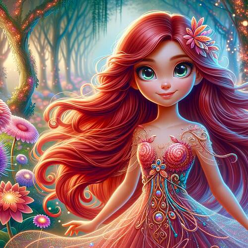 Renkli çiçeklerle süslenmiş bir ormanda duran, zarif desenlerle bezeli elbise giyen ve uzun, dalgalı kızıl saçlara sahip zarif bir figür. (Alt yazı YZ tarafından hazırlandı)