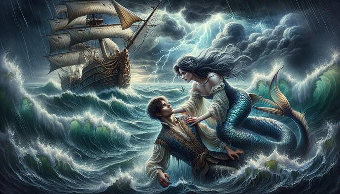 A dramatic stormy sea scene with towering waves crashing and a wooden sailing ship in danger, its sails torn and mast broken. In the foreground, a fantastical mermaid with long flowing hair and shimmering scales is rescuing a young prince from drowning. The prince has fair skin and dark, short hair, wearing a royal embroidered tunic that is now soaked. The mermaid appears strong and determined, her tail reflecting hues of blue and gold. The stormy sky is illuminated by flashes of lightning and swirling dark clouds, adding intensity to the moment. The ocean glows slightly with the mystical presence of the mermaid.