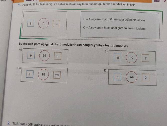 Aşağıda Elif'in tasarladığı ve birbiri ile ilişkili sayıların bulunduğu bir kart modeli...
