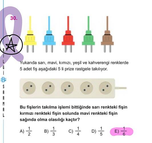 Yukarıda sarı, mavi, kımızı, yeşil ve kahverengi renklerde 5 adet fiş aşağıdaki 5 li...