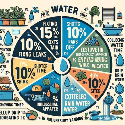 A detailed pie chart showing different water-saving measures along with their corresponding percentages. The segments include a 15% chunk for fixing leaks, another 15% dedicated to shutting the tap off while cleaning, and 10% each for using energy-efficient appliances and collecting rainwater. There's also a 20% section for reducing shower time, a 10% segment for efficient washing of fruits and vegetables, another 10% for abstaining from unnecessary water usage, and a final 10% piece devoted to implementing drip irrigation in agricultural practices. Each segment is marked with simplified labels for easy understanding.