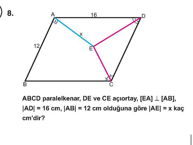 ABCD paralelkenar, DE ve CE açıortay, perp , ,