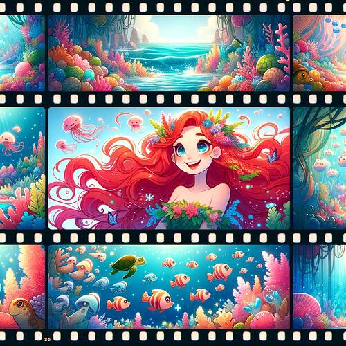 A beautiful and whimsical film strip design illustrating key moments of a tale titled "Coral Girl Tale." The film strip includes sequential cartoon-style frames. Each frame depicts vibrant scenes: a coral girl character with flowing bright red hair, enchanting underwater scenes full of tropical fish, colorful sea creatures like turtles and jellyfish, glowing magical corals, and a heartwarming resolution showing unity between the coral girl and the sea creatures. The art style is vibrant and detailed, resembling a children's storybook illustration with soft pastel colors and smooth linework. The overall mood is dreamy and magical, leaning towards a young audience. This is a digital art design suitable for a children-friendly educational website.