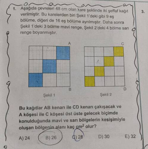 Aşağıda çevreleri 48 cm olan kare şeklinde iki şeffaf kağıt verilmiştir.
