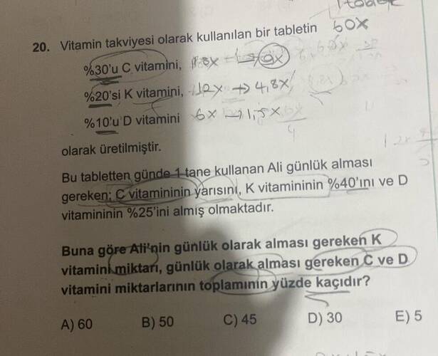Vitamin takviyesi olarak kullanılan bir tabletin %30'u C vitamini, xae)3 %20'si K...