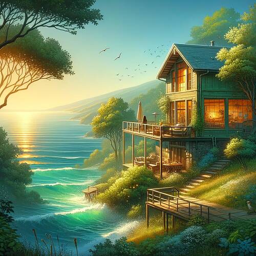 Start with Mercan Girl's peaceful life in a house located near the sea where the view constantly changes. Create a serene and picturesque image of this setting, showing a cozy house with a warm interior visible through a large window, perched on a hill with lush greenery. The sea in the background should have shifting hues of blue and turquoise, with gentle waves and sunlight reflecting off the water. Include a few birds flying in the sky and a wooden deck attached to the house overlooking the scenery. Focus on creating a tranquil and artistic atmosphere.