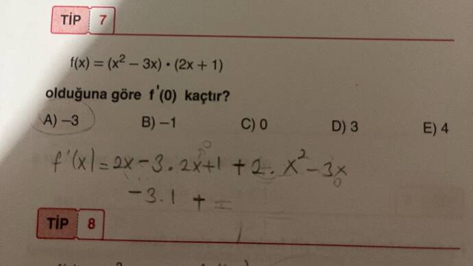 f(x) = (x² - 3x) dot (2x + 1) olduğuna göre f'(0) kaçtır?