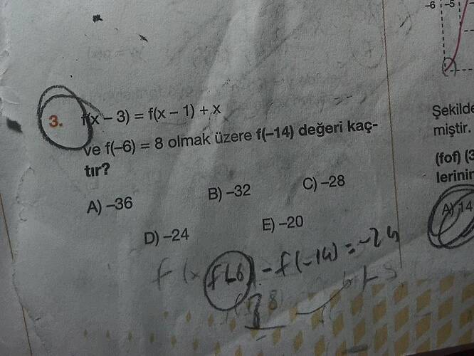 -3) = f(x-1) +X Ve f(-6) =8 olmak üzere f(-14) değeri kaç- tir?