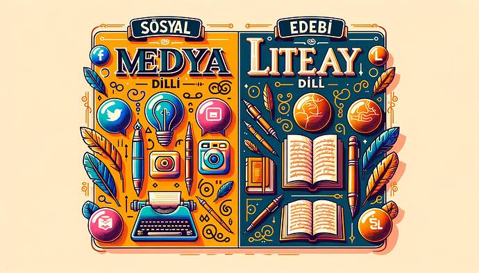 Create an illustration contrasting social media language and literary language. Represent social media language with vibrant, modern icons and display the literary language with classic, elegant scripting style, books, old pens, and parchment. The design should be clean and easy on the eyes. Labels should be clearly distinguished in Turkish as 'Sosyal Medya Dili' and 'Edebi Dil'.