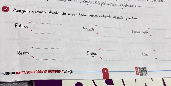 Aşağıda verilen alanlarda ikişer tane terim anlamlı sözcük yazalım.