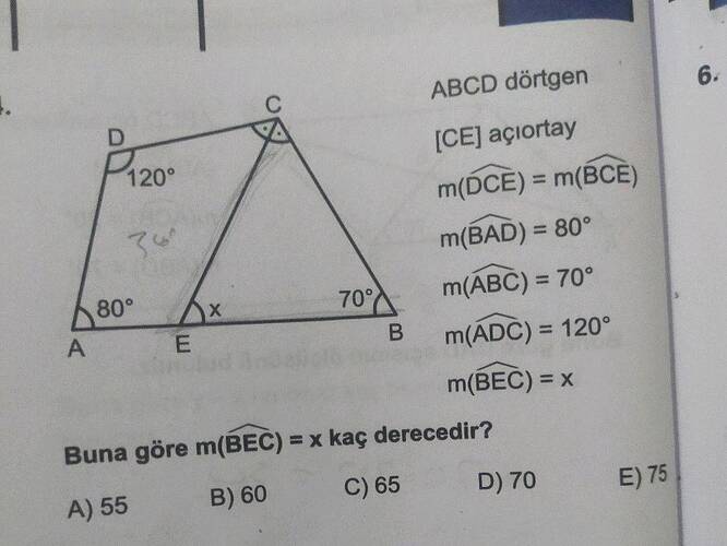 ABCD dörtgen açıortay m(widehat DCE ) = m(widehat BCE ) m(widehat BAD ) = 80ⁱrc...