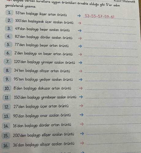 Aşağıda verilen kurallara uygun örüntüleri örnekte olduğu gibi 5'er adım genişleterek...