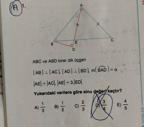 B D E ABC ve ABD birer dik üçgen C L L m BAD) =a AE= AC .