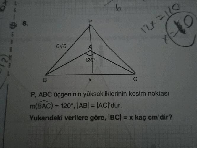 5 6v6 120 X P, ABC üçgeninin yüksekliklerinin kesim noktası m(BAC) = 120°, .