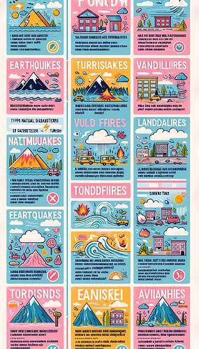 Design an educational poster for 5th-grade students in Turkish, detailing 10 natural disasters and their prevention methods. The disasters include earthquakes, floods, tsunamis, volcanic eruptions, hurricanes, wildfires, landslides, tornadoes, droughts, and avalanches. The poster should feature colorful and simple graphics for each disaster, accompanied by Turkish explanations and prevention tips. For example, 'During an earthquake, drop, cover, and hold on!' and 'In a flood, get to high places!' The poster should have a pastel background, with information categorized under sections titled 'Types of Natural Disasters', 'Causes of Disasters', and 'Ways to Protect Yourself'. Aim for clear text and playful visuals, making it suitable for children.