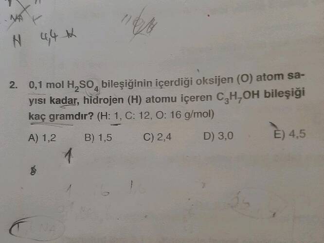 0,1 mol H,SO, bileşiğinin içerdiği oksijen (O) atom sa- yisı kadar, hidrojen (H) atomu...