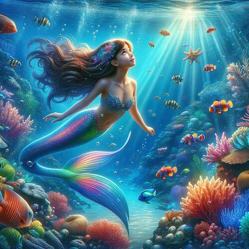 A young mermaid swimming deep in the ocean surrounded by colorful corals and exotic tropical fish, looking upward with curiosity and wonder. The underwater scene is illuminated with detailed, magical lighting, showcasing the vibrant colors of the marine life and coral reefs. The mermaid has a shimmering, multi-colored tail that reflects the light beautifully, with her long flowing hair gently swaying in the water. The scene is depicted in a digital art style, with intricate details and vivid colors, inspired by the aesthetics of high-quality artwork found on ArtStation.