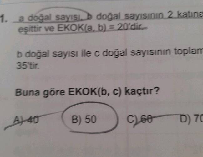 a doğal sayısı, b doğal sayısının 2 katına eşittir ve EKOK(a, b) = 20 'dir.