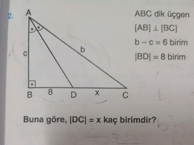 ABC dik üçgen b - c = 6 birim Buna göre,