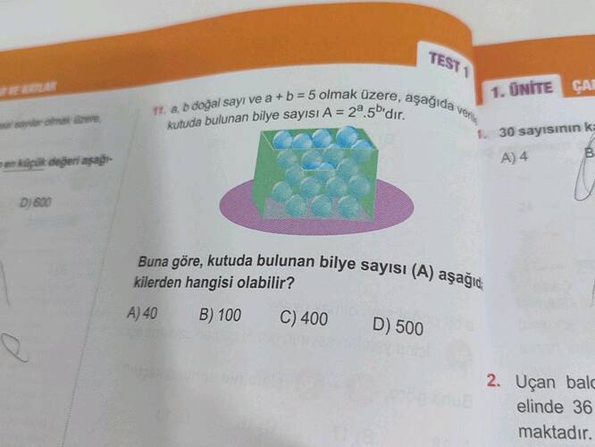 a, b doğal sayı ve a + b = 5 olmak üzere, aşağıda kutuda bulunan bilye sayısı A = 2^a...