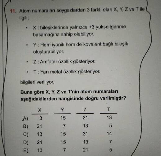 Atom numaraları soygazlardan 3 farklı olan X, Y, Z ve T ile ilgili; X1 bileşiklerinde...