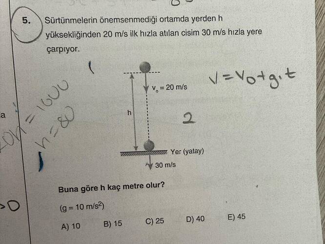Sürtünmelerin önemsenmediği ortamda yerden h yüksekliğinden 20 m/s ilk hızla atılan...
