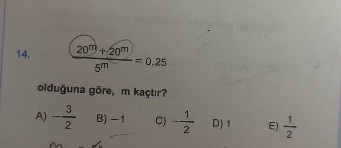 20 +20m 5m =0,25 olduğuna göre, m kaçtır?