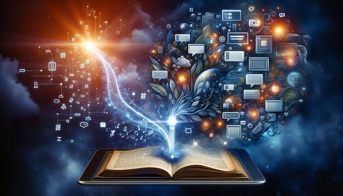 A creative illustration combining the depth of the literary language with the dynamism of social media: The image contains a connection expressing the flow of light between a book and a tablet screen; this connection observes both written classic texts and social media hashtags.