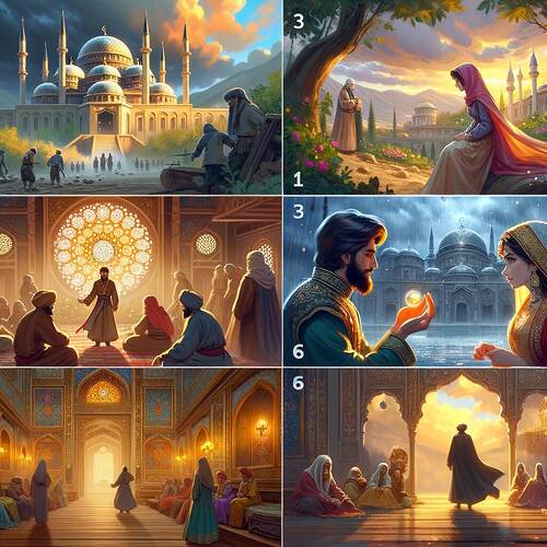 A series of 6 storyboard illustrations depicting key scenes from a Turkish folk tale. 1) A majestic royal palace being constructed by workers under the watchful eye of a Sultan, with a bright, colorful daytime background. 2) The Sultan's son entering the palace garden and seeing a beautiful young woman, Mercan Kız, for the first time, surrounded by lush greenery and gentle sunlight, in an oil painting style. 3) A heartfelt scene with Mercan Kız expressing love and loyalty to the Sultan's son inside the grand palace, with warm indoor lighting, soft colors, and details inspired by classic Turkish miniature painting. 4) A dramatic scene depicting challenges and obstacles with stormy weather, dark clouds, and shadowy figures near the palace, with moody and atmospheric digital art. 5) The Sultan showing affection and pride toward his son inside a luxurious palace with golden light, rich textures, and depicted in a delicate watercolor art style. 6) A celebratory scene in the palace courtyard with joyful characters, colorful decorations, and vibrant sunlight, rendered in an impressionistic style. Each image should have a cinematic and expressive composition suitable for a Turkish literature class storyboard.